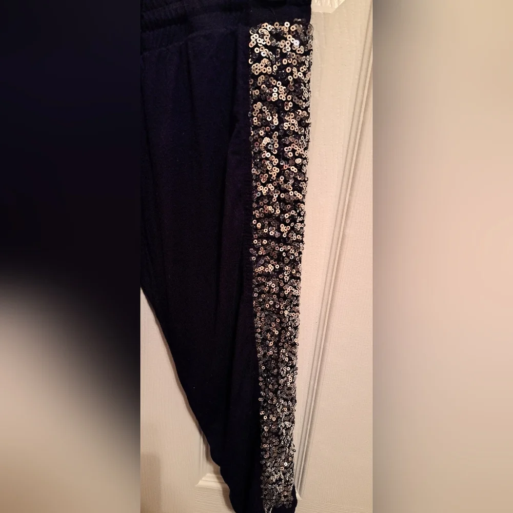 Justice Girls Black Joggers with Silver Sequin Stripes, good preloved condition